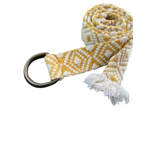 Womens Boho Woven Belt D-Ring Fringed 1.5 Inch Width Gold Off White - Picture 2 of 7